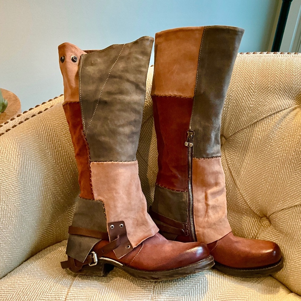 Patchwork beauties! NEW! Size 39 (8-8.5) Tall boots AS98 Brand - Picture 2 of 3